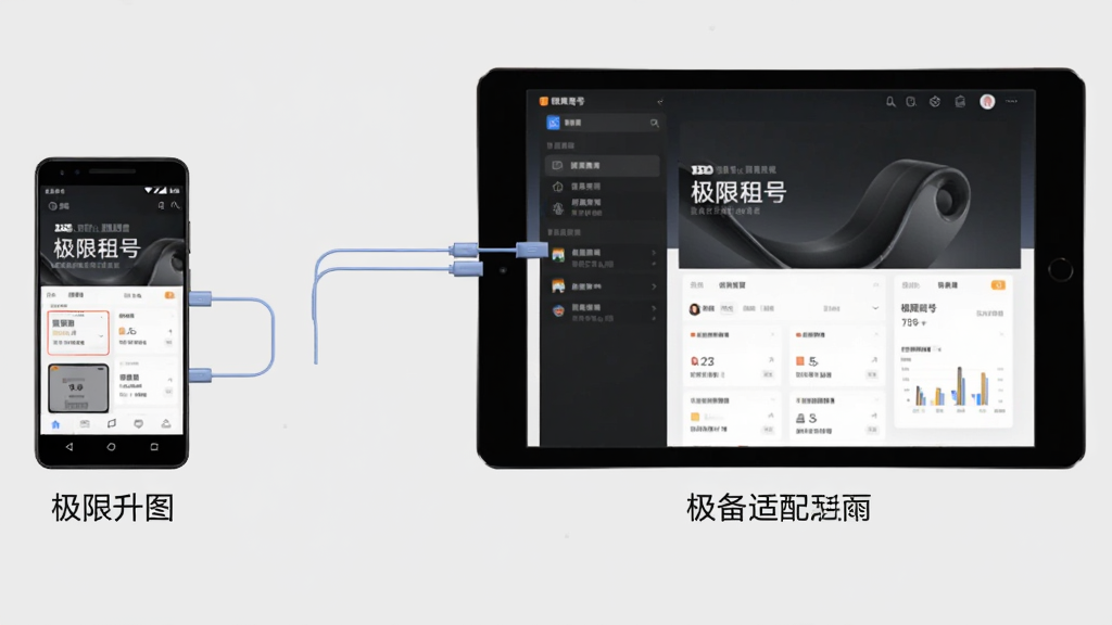 极限租号多设备适配展示图,画面中同时出现安卓手机和平板电脑,屏幕上均显示极限租号界面,设备之间用连接线相连,背景为浅灰色,风格简洁商务,细节包括设备型号、界面内容、适配标识,画质高清,干净无多余元素