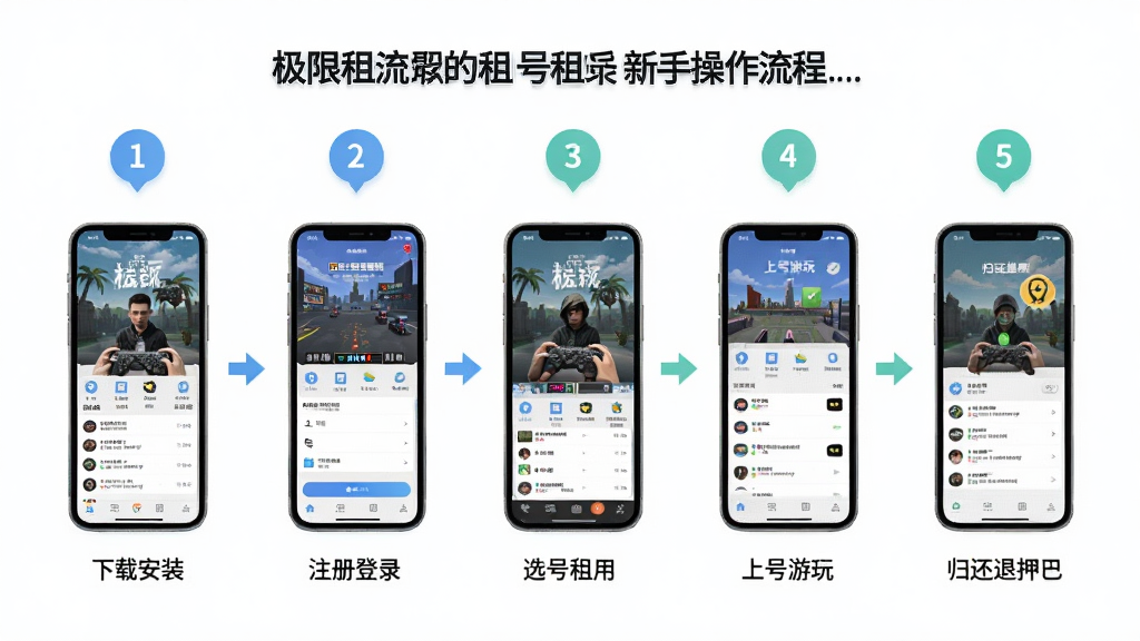极限租号新手操作流程图,画面分为下载安装、注册登录、选号租用、上号游玩、归还退押五个步骤,每个步骤配有手机界面截图和简短文字说明,整体布局从左到右依次排列,风格扁平化设计,配色清新,细节包括步骤编号、图标、提示文字,画质高清,干净无多余元素
