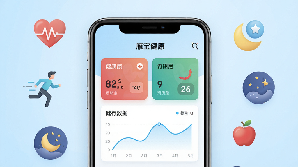 画面中央展示一部智能手机,手机屏幕上显示“雁宝健康”应用主界面,界面包含健康数据卡片和曲线图,背景为干净的浅蓝色渐变,四周环绕着心率图标、跑步小人、睡眠月亮、苹果等健康元素,整体布局简洁居中,风格清新现代,细节清晰,画质高清,干净无多余元素