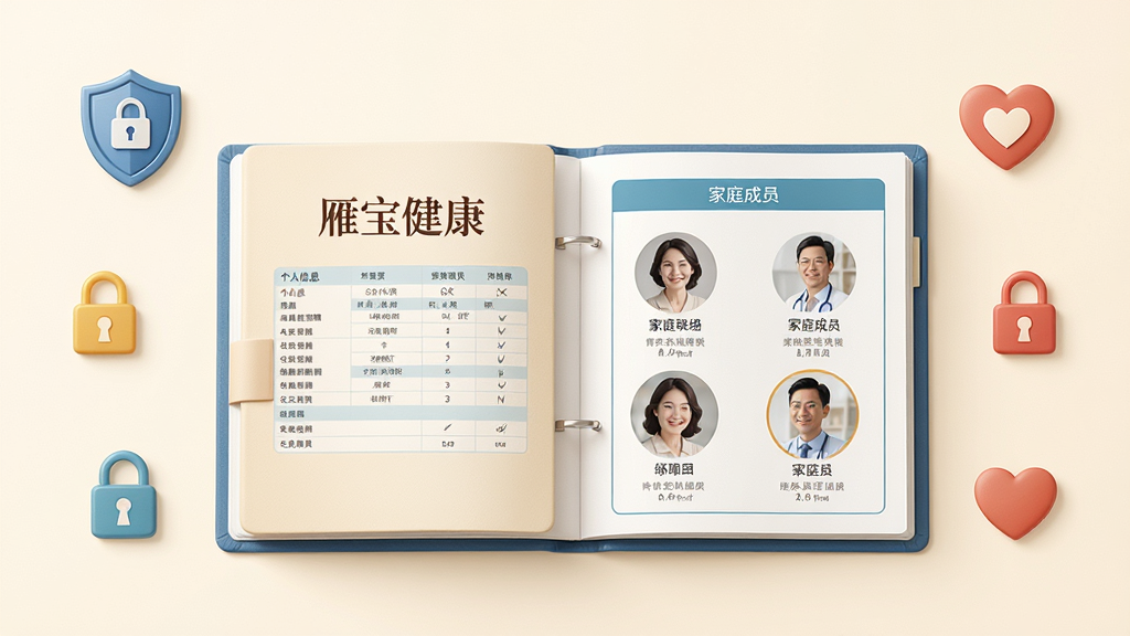画面中心是一本展开的电子健康档案册,封面上写有“雁宝健康”字样,档案内页显示个人信息表格和家庭成员头像列表,背景为柔和的米白色,周围点缀着盾牌、锁、爱心等安全符号,整体排版整齐,风格温馨专业,细节丰富,画质清晰,干净无多余元素