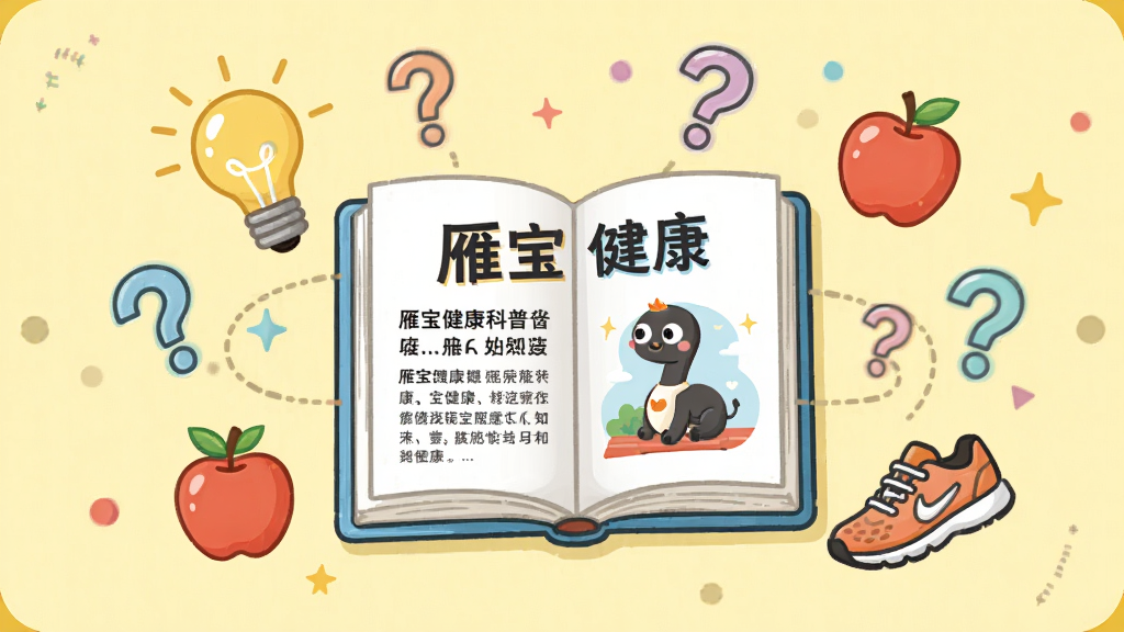 画面中央是一本翻开的电子书,书页上显示“雁宝健康”科普文章标题和插图,书本周围环绕着灯泡、问号、苹果、跑步鞋等知识元素,背景为淡黄色,整体排版像知识卡片,风格轻松活泼,细节清晰,画质明亮,干净无多余元素