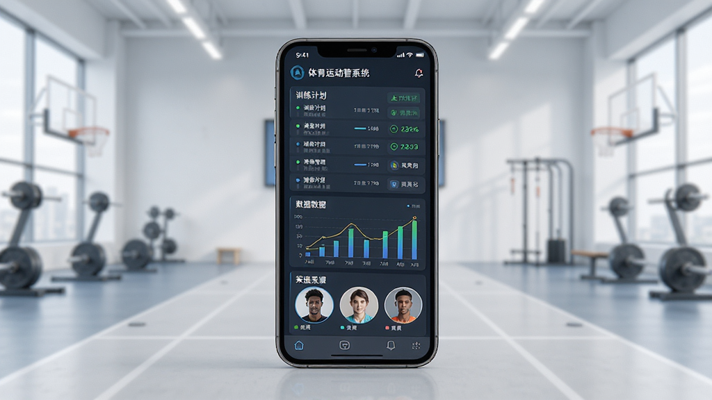 体育运动训练管理系统主界面展示图,画面中央放置一部智能手机,屏幕显示运动训练管理系统的仪表盘界面,包含训练计划列表、数据图表、运动员头像等元素,背景为简洁的体育馆场景,风格现代科技感,细节清晰,画质干净明亮,无多余元素