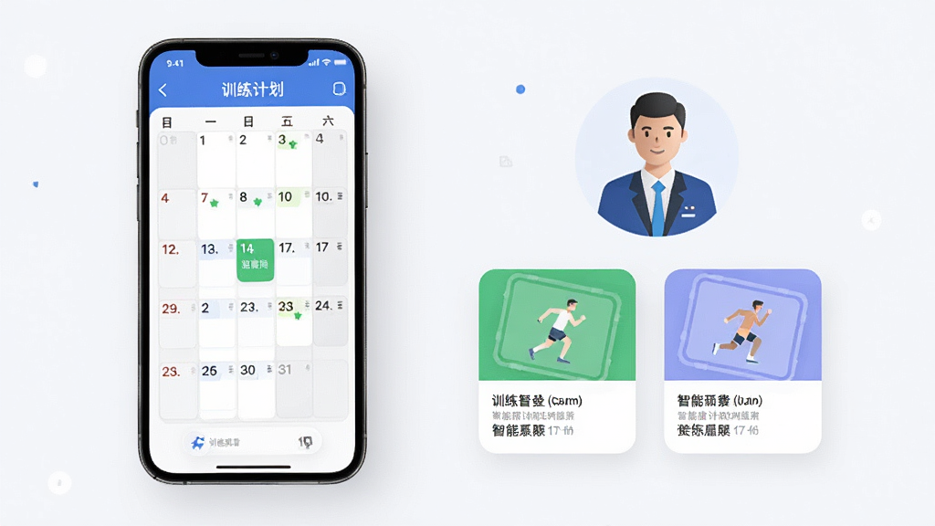 体育运动训练管理系统智能训练计划定制功能展示图,画面中一部手机屏幕显示训练计划日历视图,旁边有虚拟教练图标和训练项目卡片,布局清晰,风格简约商务,细节丰富,画质干净,无多余元素