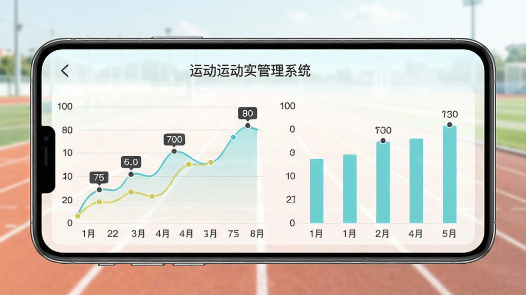 体育运动训练管理系统运动数据实时记录界面图,手机屏幕展示折线图和柱状图,数据点标注清晰,背景为运动场跑道,风格清新浅色,画质干净,无多余元素