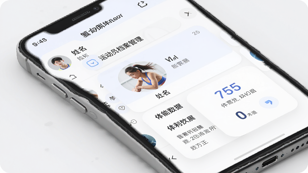 体育运动训练管理系统运动员档案管理页面图,手机屏幕显示运动员列表和详细档案卡片,包含头像、姓名、体能数据等,布局整齐,风格柔和圆角,画质干净,无多余元素