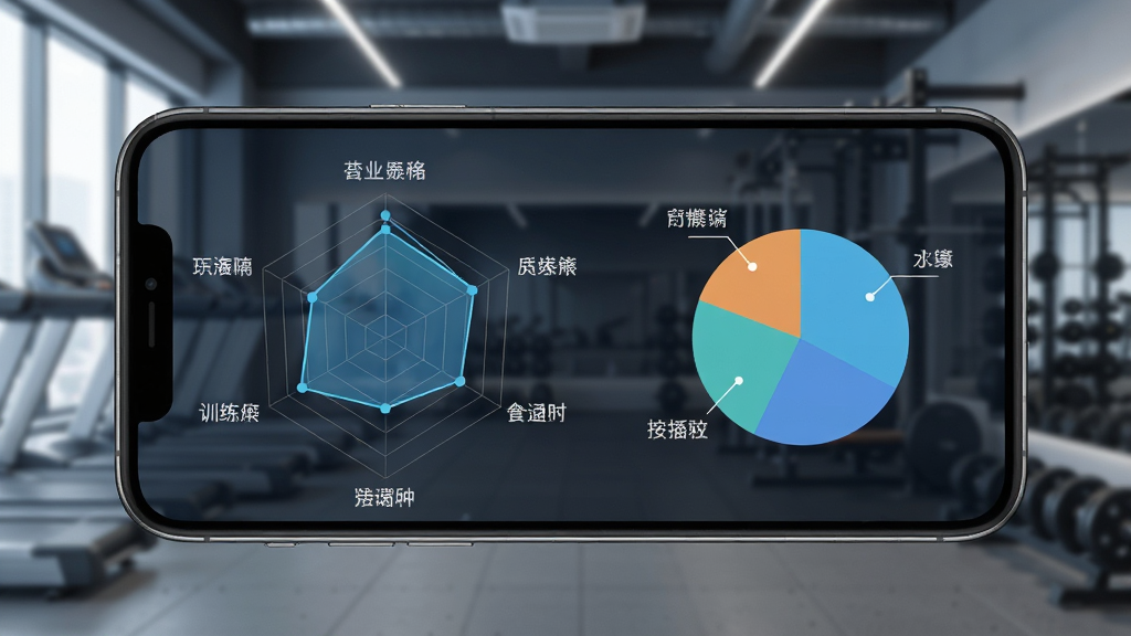 体育运动训练管理系统训练效果多维分析图表图,手机屏幕展示雷达图和饼图,数据标签清晰,背景为健身房环境,风格现代科技感,画质干净,无多余元素