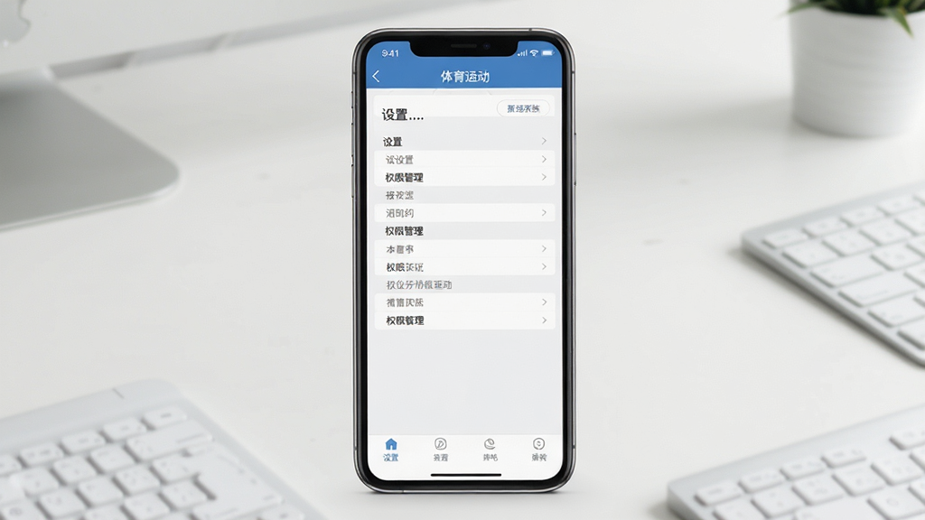 体育运动训练管理系统移动端操作界面截图,画面中手机屏幕显示设置页面和权限管理选项,背景为简洁桌面,风格清爽素雅,细节清晰,画质干净,无多余元素