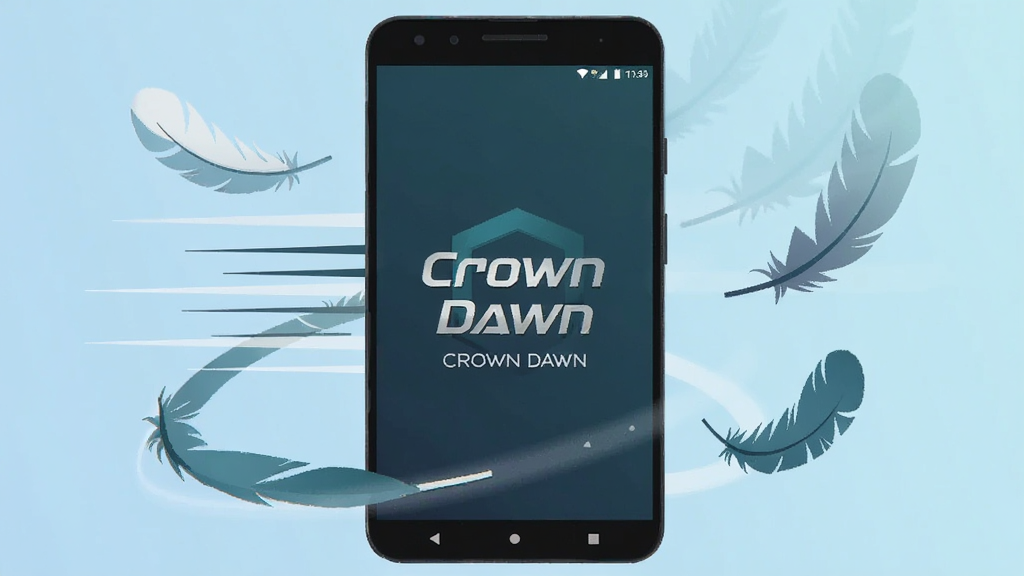 一张表现 Crown Dawn 轻量快速启动特性的插画,画面中央是一部安卓手机,手机屏幕显示 Crown Dawn 启动画面,周围环绕着速度线条和羽毛元素,象征轻量与迅捷,背景为干净的浅蓝色渐变,风格简洁扁平化,画质清晰,无多余元素
