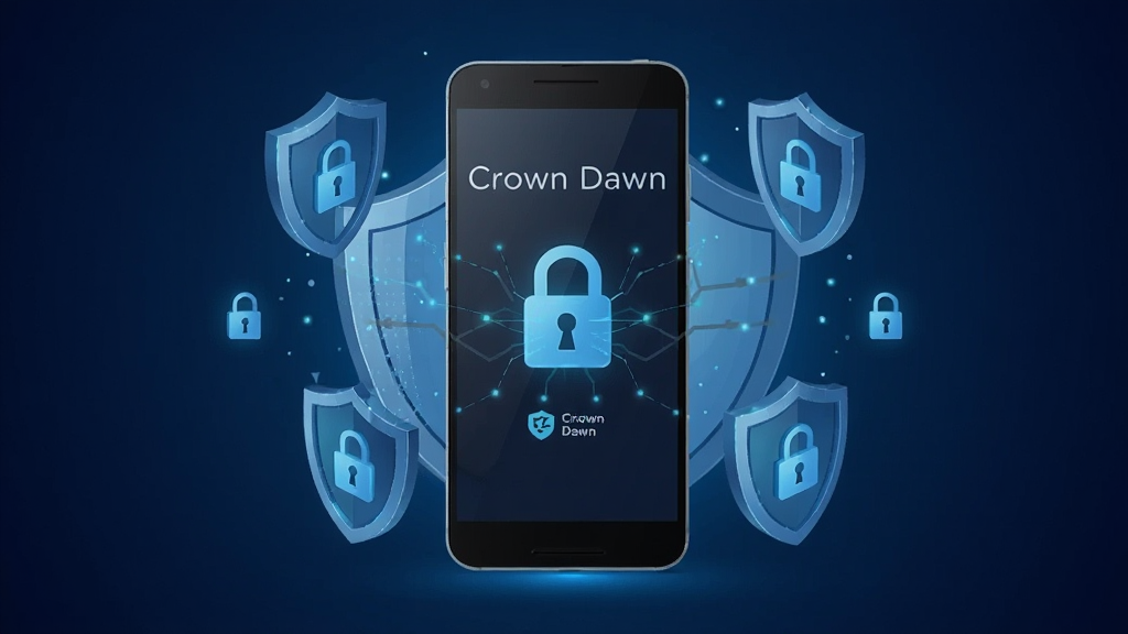一张表现 Crown Dawn 隐私保护特性的示意图,画面中央是一部安卓手机,手机周围环绕着盾牌和锁形图标,象征数据安全,背景为深蓝色渐变,风格科技感十足,画质清晰,无多余元素