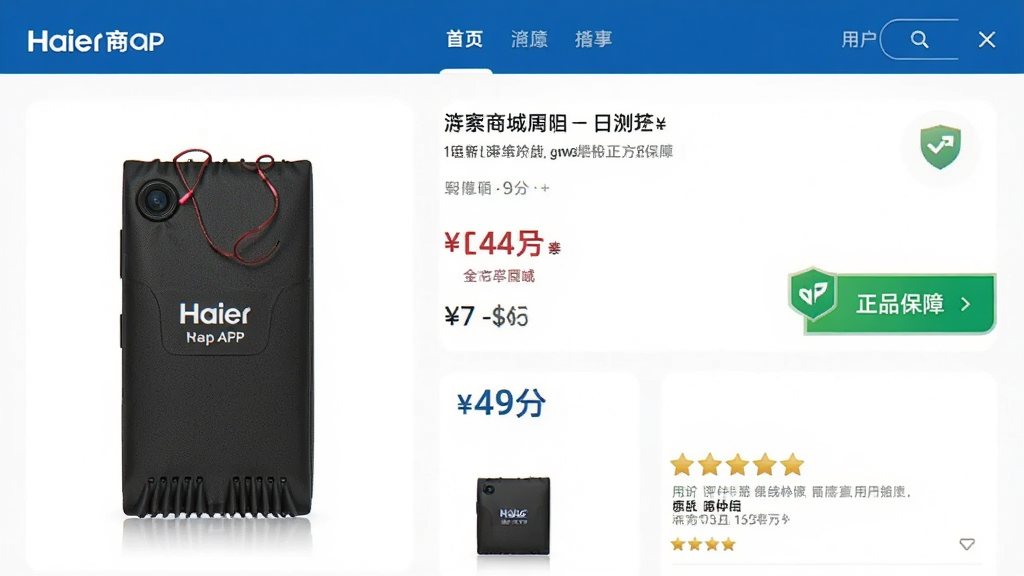 一张展示海尔商城APP商品详情页的图片,页面有商品大图、价格信息、正品保障标识和用户评价区,画面整洁,蓝白配色,风格专业可信,画质清晰,无多余元素