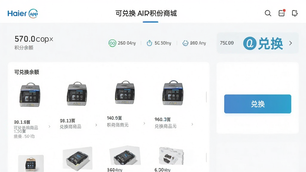 一张展示海尔商城APP积分商城页面的图片,页面有积分余额、可兑换商品列表和兑换按钮,风格清新浅色,布局整齐,画质清晰,无多余元素