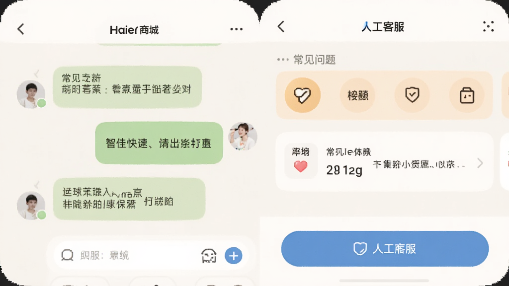一张展示海尔商城APP客服聊天界面的图片,页面有对话框、常见问题快捷入口和人工客服按钮,风格柔和圆角,配色温暖,画质清晰,无多余元素