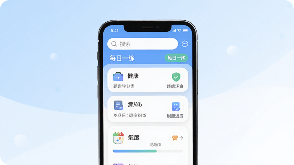 健康管理师鸣题库手机应用主界面展示,画面中央是一部竖屏智能手机,屏幕内显示题库分类列表与刷题进度条,顶部有搜索框和每日一练入口,背景为浅蓝与白色渐变,风格简洁清新,细节包括圆角卡片、扁平图标和清晰的文字层级,画质高清干净无多余元素