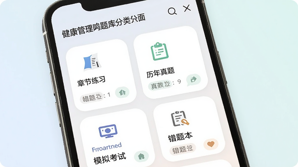健康管理师鸣题库题库分类页面,手机屏幕内展示多个题库模块卡片,包括章节练习、历年真题、模拟考试、错题本等入口,每张卡片配有简洁图标与题目数量标签,背景为柔和浅色,整体布局整齐有序,风格现代扁平,画质清晰干净