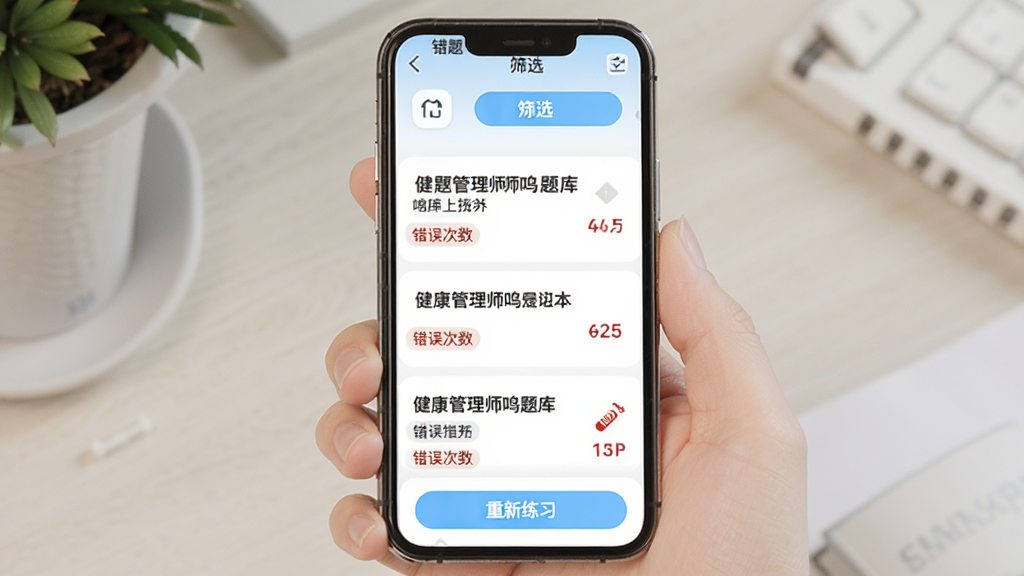 健康管理师鸣题库错题本功能界面,手机屏幕展示错题列表与知识点标签,顶部有筛选按钮,每条错题显示题目摘要和错误次数,底部有重新练习按钮,配色以白色和浅蓝色为主,图标简洁,排版清晰,画质干净无多余装饰