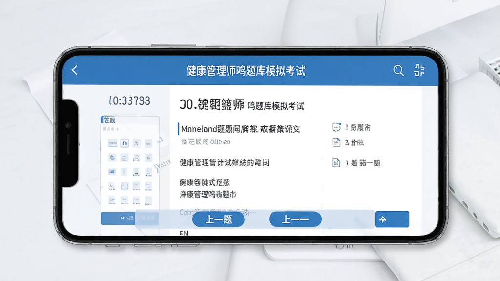 健康管理师鸣题库模拟考试界面,手机屏幕显示考试倒计时、答题卡和题目内容,底部有上一题下一题按钮,整体风格严肃简洁,配色以蓝白为主,文字清晰可读,画质高清干净