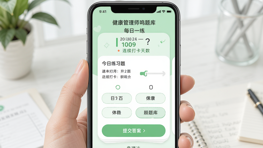 健康管理师鸣题库每日一练页面,手机屏幕中央显示今日练习题卡片,上方有日期和连续打卡天数,下方有选项按钮和提交答案入口,背景为清新的浅绿色调,风格轻松友好,画质清晰干净