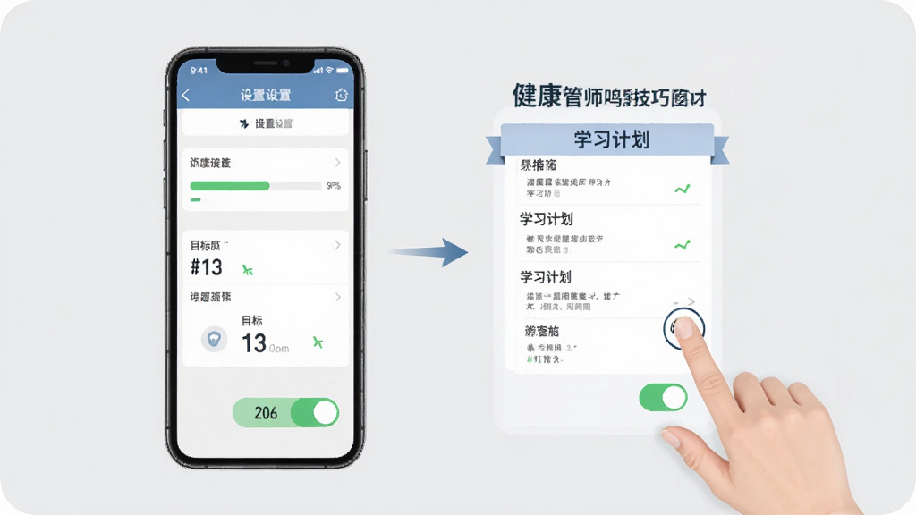 健康管理师鸣题库使用技巧示意图,手机屏幕展示设置页面与学习计划选项,旁边有手指点击操作的示意,背景为浅灰色,风格简洁商务,细节包括进度条、目标数字和开关按钮,画质高清干净无多余元素