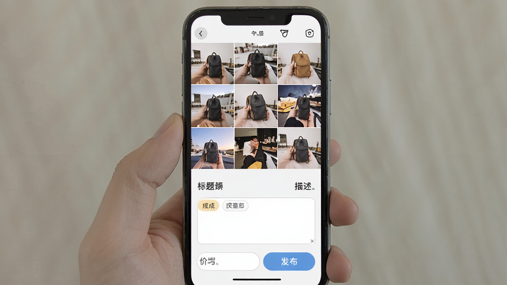 闲置二手捡漏市场发布商品界面,主体为手机屏幕展示拍照上传区域与文字输入框,布局为上下分区,上方为图片九宫格,下方为标题、描述、价格填写栏,排版整齐,风格为浅色系扁平化设计,细节上带有成色选择标签与发布按钮,画面干净无多余元素,画质清晰