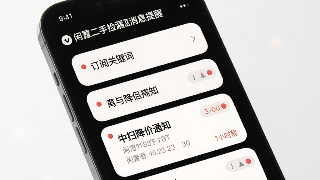 闲置二手捡漏市场消息提醒界面,主体为手机屏幕展示订阅关键词列表与降价通知卡片,布局为纵向列表,排版清晰,风格为柔和圆角卡片设计,细节上带有小红点提示与时间标签,画面干净无多余元素,画质清晰