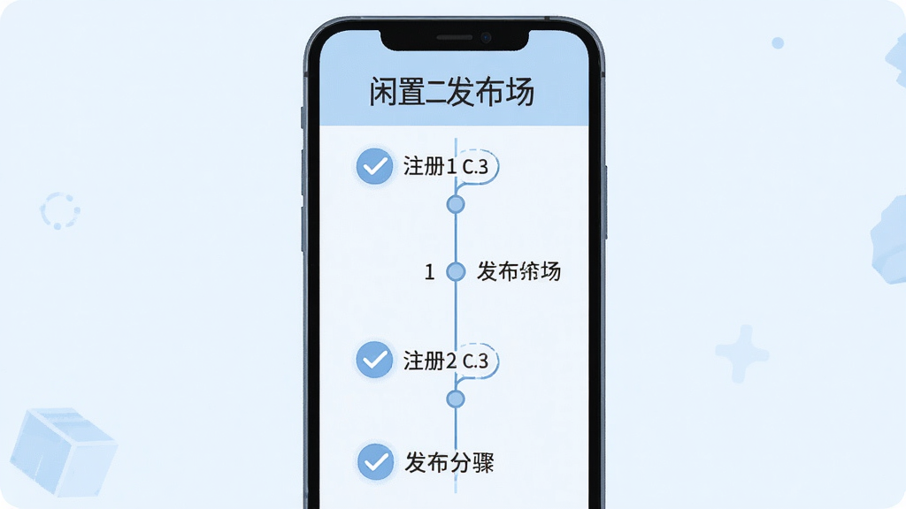 闲置二手捡漏市场新手操作流程图,主体为手机屏幕展示从注册到发布的步骤引导,布局为纵向时间轴,排版清晰,风格为浅蓝色扁平化设计,细节上带有步骤编号与勾选图标,画面干净无多余元素,画质清晰