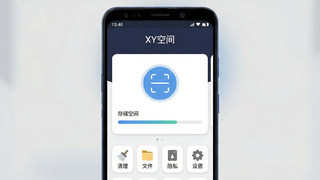 一张展示XY空间软件主界面的手机样机图,画面中央是一部竖屏安卓手机,屏幕内显示XY空间APP的首页,首页顶部有“XY空间”文字标识,中部有圆形扫描按钮和存储空间进度条,底部有四个功能图标分别为清理、文件、隐私、设置,整体布局简洁干净,风格为现代扁平化设计,细节包括状态栏时间电量图标、卡片式圆角元素,画质清晰,干净,无多余元素