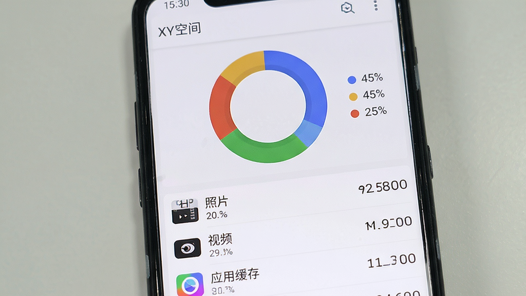 一部安卓手机屏幕显示XY空间APP的智能扫描结果页面,页面中央是彩色环形存储占用图表,图表下方列出照片、视频、应用缓存等分类条目及对应大小文字,背景为浅色,顶部有“XY空间”字样,风格为数据可视化仪表盘样式,细节包括百分比数字、颜色图例,画质清晰,干净,无多余元素