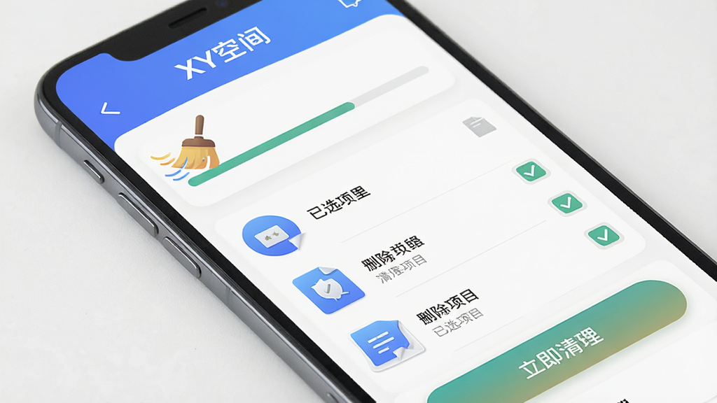 XY空间APP一键清理功能界面,画面中一部手机屏幕显示清理进度条和正在删除的文件类型列表,屏幕上方有“XY空间”标识,下方有“立即清理”按钮,风格为清爽工具类应用界面,细节包括动态扫帚图标、文件图标、已选项目勾选框,画质清晰,干净,无多余元素