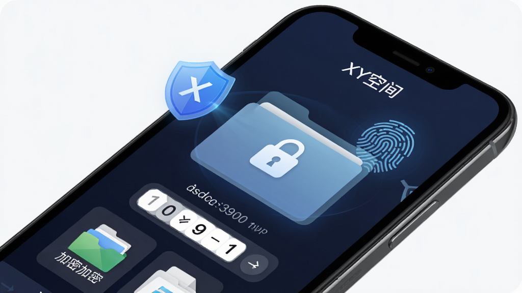 XY空间APP隐私加密界面,画面中一部手机屏幕显示一个带锁图标的文件夹,文件夹周围有盾牌和指纹图案,屏幕顶部有“XY空间”文字,风格为安全防护类应用视觉,细节包括密码输入框、加密文件缩略图,画质清晰,干净,无多余元素