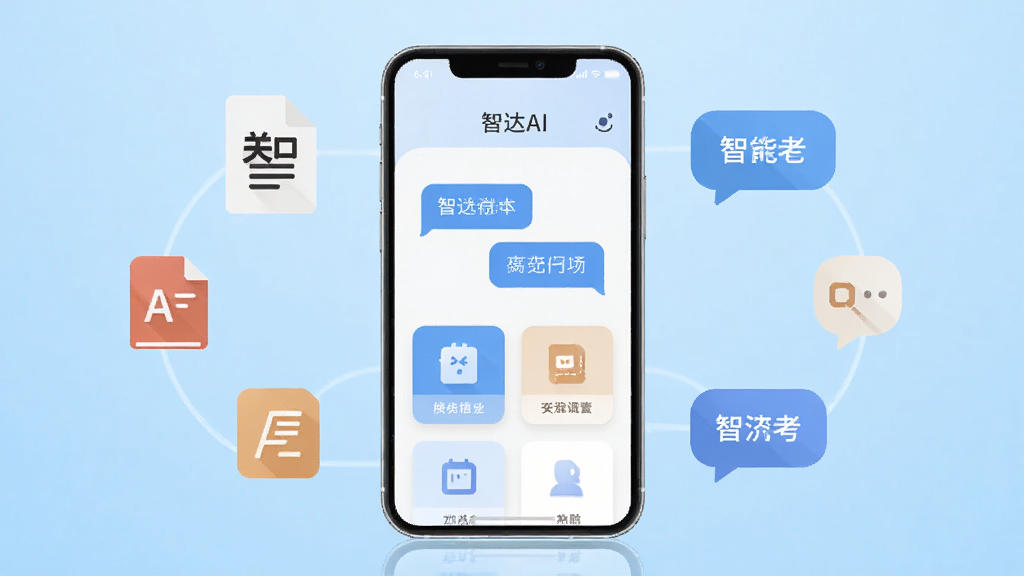 画面中央放置一部智能手机,手机屏幕显示智达AI应用主界面,界面中有对话气泡与功能卡片图标,手机周围环绕着简洁的文字处理图标和智能问答气泡,背景为浅蓝色渐变,整体采用扁平化科技风格,细节干净利落,画质清晰,无多余元素