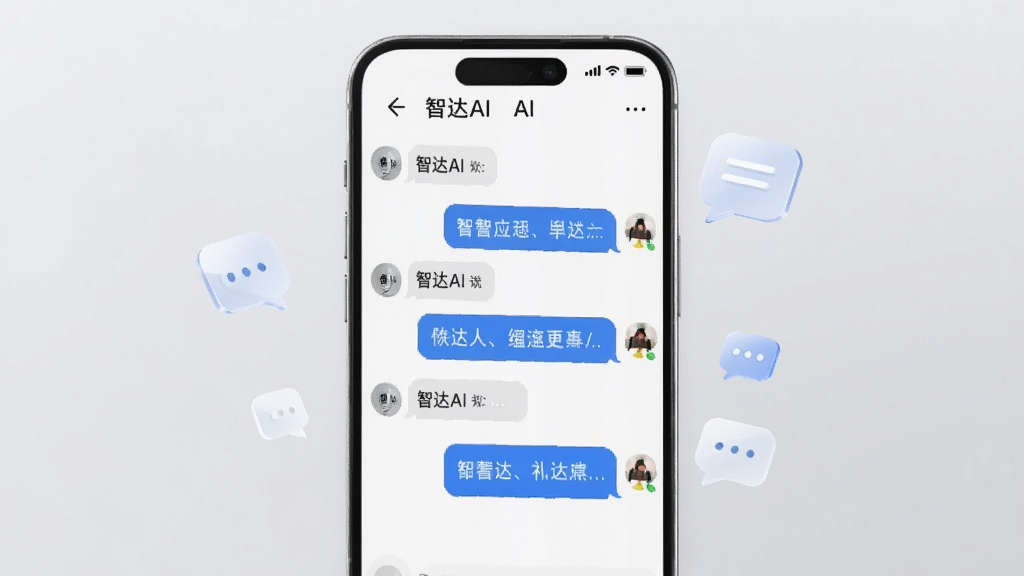 一部手机竖屏展示智达AI的对话界面,屏幕中显示用户与AI之间的文字气泡对话,气泡排列整齐,界面顶部有