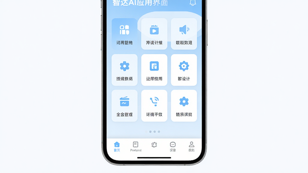 智达AI应用界面整体展示,手机屏幕中显示底部导航栏与功能卡片网格,图标排列整齐,配色为浅蓝与白色搭配,背景为干净的纯色,整体采用极简UI风格,细节清晰,画质干净,无多余元素