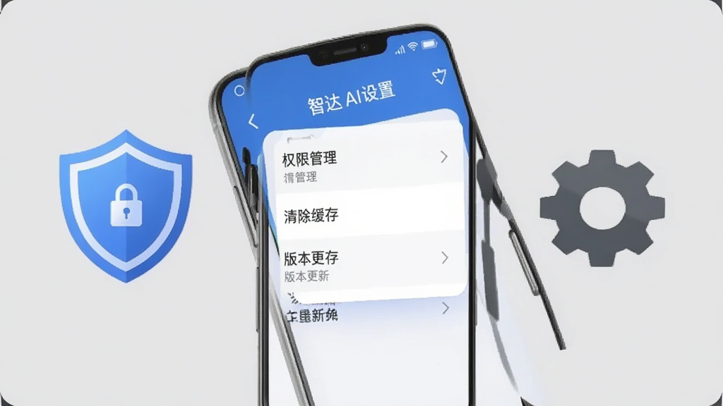 一部手机屏幕显示智达AI设置界面,界面中有权限管理、清除缓存、版本更新等选项,手机旁边有盾牌图标和齿轮图标,背景为浅灰色,整体采用安全提示风格,细节清晰,画质干净,无多余元素
