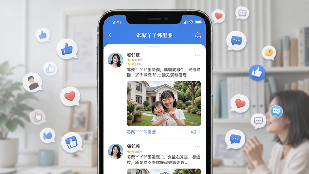 一张展示邻聚丫丫邻里圈功能的界面示意图,画面主体是手机屏幕,屏幕内显示动态信息流,包含用户头像、文字内容和图片缩略图,屏幕外有邻居点赞和评论的小图标环绕,整体布局清晰,风格简约现代,色调以蓝白为主,细节精致,画质高清,干净无多余元素。