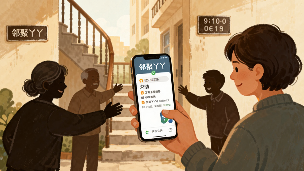 一张展示邻聚丫丫社区互助功能的插画,画面中一位用户拿着手机发布求助信息,手机屏幕显示邻聚丫丫的求助界面,周围有邻居伸出援手的剪影,背景是小区楼道和门牌号,风格温馨写实,色彩温暖,细节丰富,画质清晰,干净无多余元素。