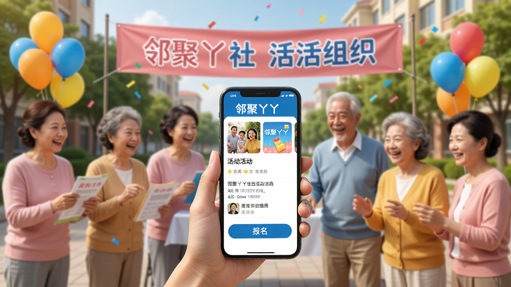 一张展示邻聚丫丫社区活动组织功能的场景图,画面中一群邻居在小区广场参加活动,有人拿着手机查看邻聚丫丫的活动页面,屏幕显示活动详情和报名按钮,背景有横幅和气球,风格欢快活泼,色彩鲜艳,细节生动,画质清晰,干净无多余元素。