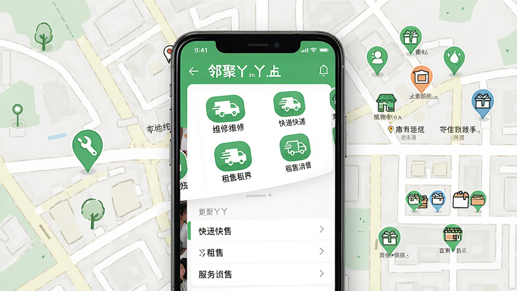 一张展示邻聚丫丫本地生活服务功能的界面图,画面主体是手机屏幕,屏幕内显示各类便民服务图标和列表,如维修、快递、租售等,屏幕外有社区周边地图和商家标记,整体布局规整,风格清新简洁,色调以绿色和白色为主,细节清晰,画质高清,干净无多余元素。