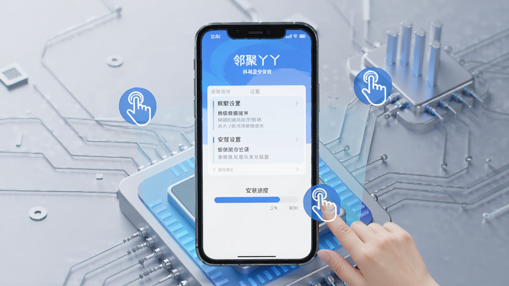 一张展示邻聚丫丫移动端安装与设置指南的示意图,画面主体是手机屏幕,屏幕内显示权限设置界面和安装进度条,屏幕外有手指点击操作的图标,背景是简洁的科技风格,色调以蓝色和灰色为主,细节清晰,画质高清,干净无多余元素。
