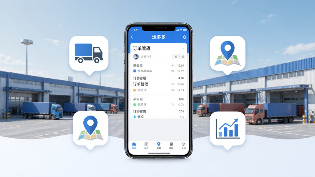 一张展示运多多软件核心功能的宣传图,画面中央是一部智能手机,手机屏幕上显示运多多APP的订单管理界面,周围环绕着货车图标、地图定位图标、数据图表图标,背景是现代化的物流园区场景,整体风格简洁商务,色调以蓝色和白色为主,画面干净整洁,无多余元素,高清画质