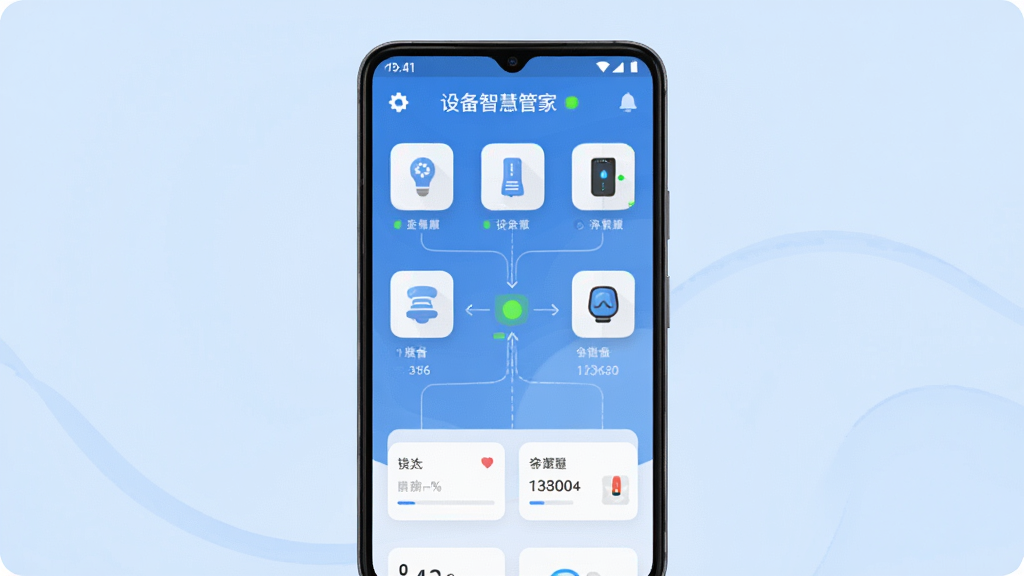 画面中央放置一部安卓手机,手机屏幕上显示“设备智慧管家”应用主界面,界面中有多个智能设备图标整齐排列,背景为浅蓝色渐变,布局采用居中构图,风格为现代科技扁平化,细节包括设备状态指示灯、连接线条与数据卡片,画质清晰干净,无多余元素
