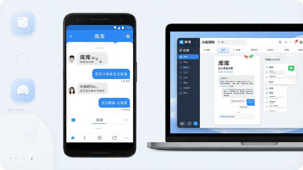 一张展示“库库”手机端与电脑端界面的合成图,主体为一部安卓手机和一台笔记本电脑并排放置,手机屏幕显示“库库”AI对话界面,电脑屏幕显示“库库”办公文档辅助界面,布局为左右对称,排版简洁,风格为现代科技感,细节包括圆角图标、浅色背景、蓝色主色调,画质高清,干净,无多余元素