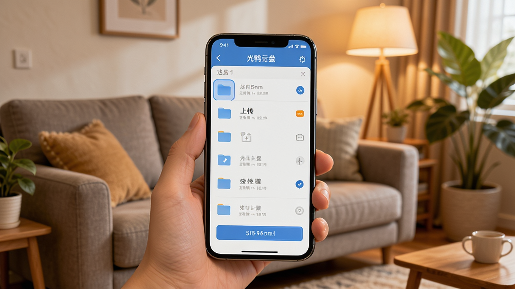 光鸭云盘移动端使用场景图,画面中一只手拿着手机,手机屏幕显示光鸭云盘的文件列表和上传进度,背景是温馨的家居环境,风格为生活化摄影感插画,细节有沙发、绿植、暖色灯光,画质清晰,干净,无多余元素