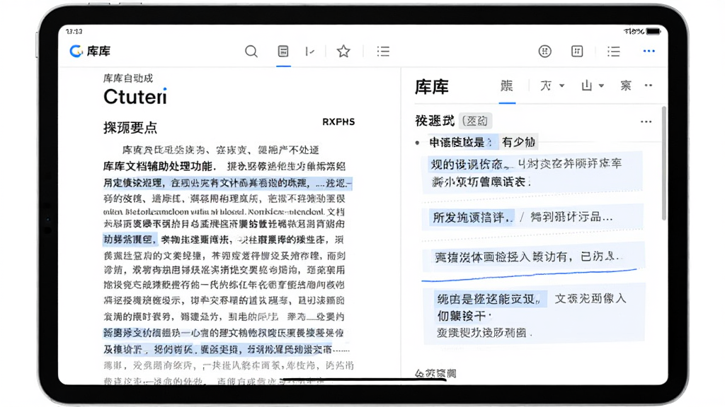 一张展示“库库”文档辅助处理功能的界面图,主体为平板电脑屏幕,屏幕中显示一份文档和“库库”自动生成的摘要要点,布局为上下分栏,排版规整,风格为简约商务,细节包括白色背景、灰色分割线、蓝色高亮标记,画质高清,干净,无多余元素