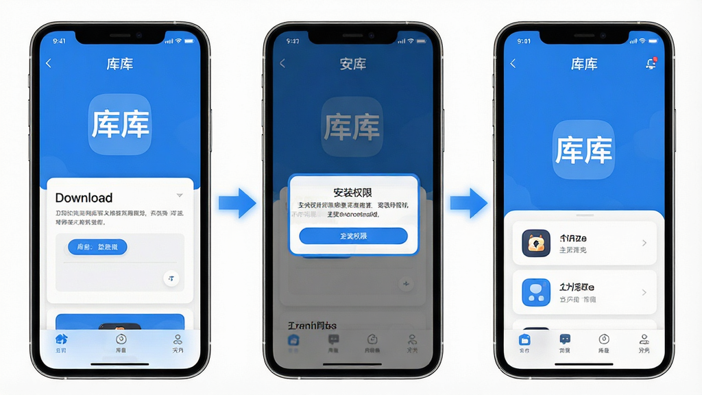 一张展示“库库”新手安装步骤的示意图,主体为手机屏幕分三步展示,第一步显示下载页面,第二步显示安装权限弹窗,第三步显示“库库”主界面,布局为横向三格排列,排版清晰,风格为教程图解,细节包括箭头指示、蓝色高亮框、白色背景,画质高清,干净,无多余元素