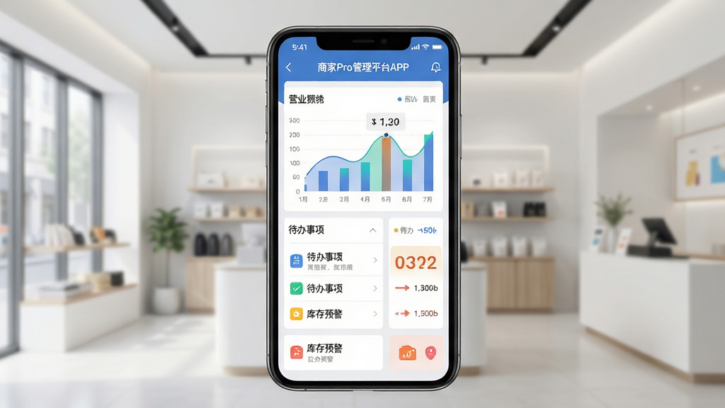 手机屏幕中央展示“商家Pro管理平台APP”主界面,背景为简约的现代商铺场景,画面主体是清晰的应用仪表盘,包含营业额统计图表、待办事项列表和库存预警图标,布局采用上下结构,排版干净整齐,风格为扁平化商务科技风,细节上突出图表色彩对比和图标精致度,画质高清,画面干净,无多余元素