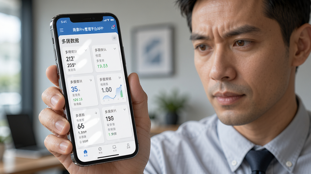 一位商户手持手机查看“商家Pro管理平台APP”的多店铺数据看板,画面主体是手机屏幕上的多个店铺数据卡片,布局为左右滑动式卡片排列,排版清晰,风格为写实商务摄影,细节上突出屏幕反光和商户专注表情,画质高清,画面干净,无多余元素