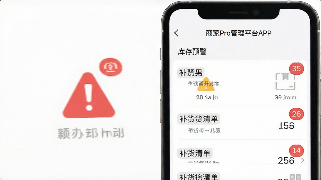 手机界面显示“商家Pro管理平台APP”的库存预警页面,画面主体是红色预警标识与补货清单,布局为列表式排列,排版简洁,风格为扁平化UI设计,细节上突出预警图标和数字角标,画质高清,画面干净,无多余元素