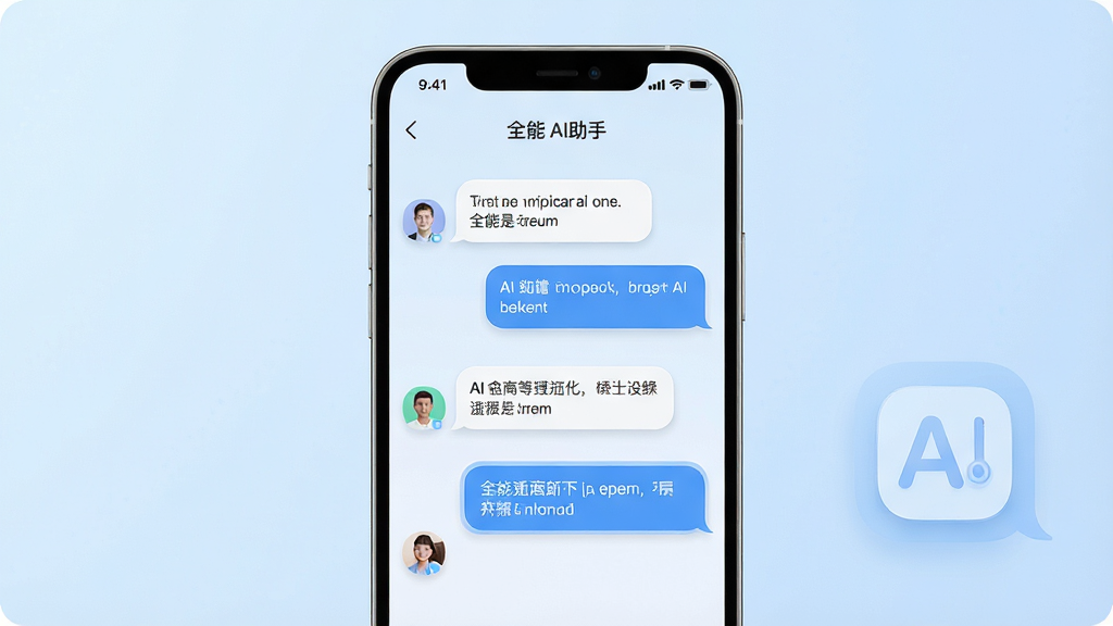 一张展示全能AI助手手机应用界面的图片,画面中央是一部竖屏智能手机,屏幕内显示全能AI助手对话界面,有用户提问气泡和AI回复气泡,背景为简洁的浅蓝色渐变,布局居中对称,风格现代科技感,细节包括圆角图标、柔和阴影、清晰文字,画质高清干净无多余元素