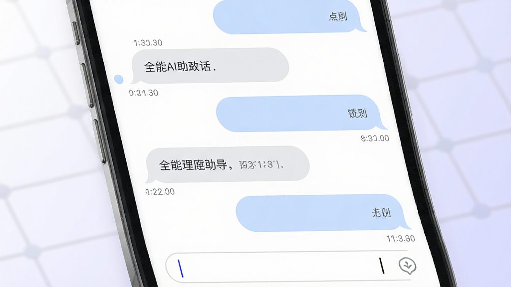 一张展示全能AI助手智能对话功能的图片,画面主体为手机屏幕内多轮对话气泡,左侧用户提问右侧AI回答,气泡颜色分别为浅灰与淡蓝,背景为白色到浅紫渐变,布局上下排列,风格清爽简约,细节包括时间戳小字、圆角气泡、输入框光标,画质高清干净无多余元素