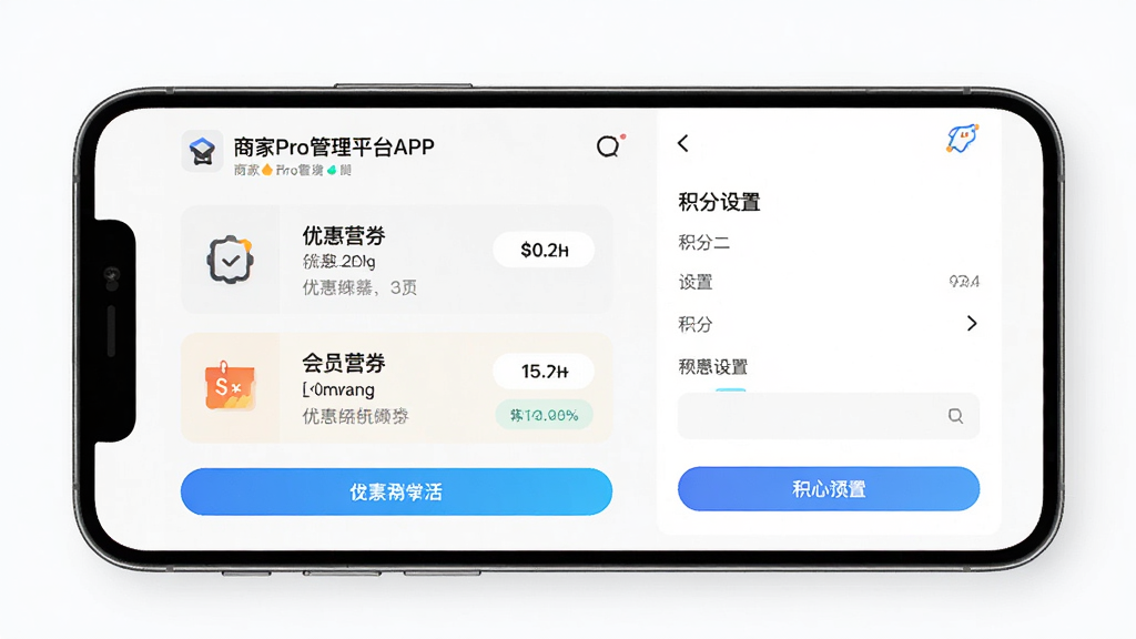 手机屏幕展示“商家Pro管理平台APP”的会员营销活动创建界面,画面主体是优惠券模板与积分设置面板,布局为表单与预览双栏结构,排版规整,风格为现代简约风,细节上突出按钮色彩和图标设计,画质高清,画面干净,无多余元素